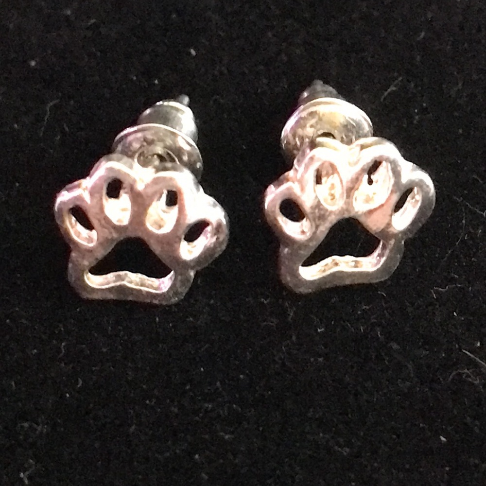 Silver Tone Pierced Paw Print Studded Earrings
